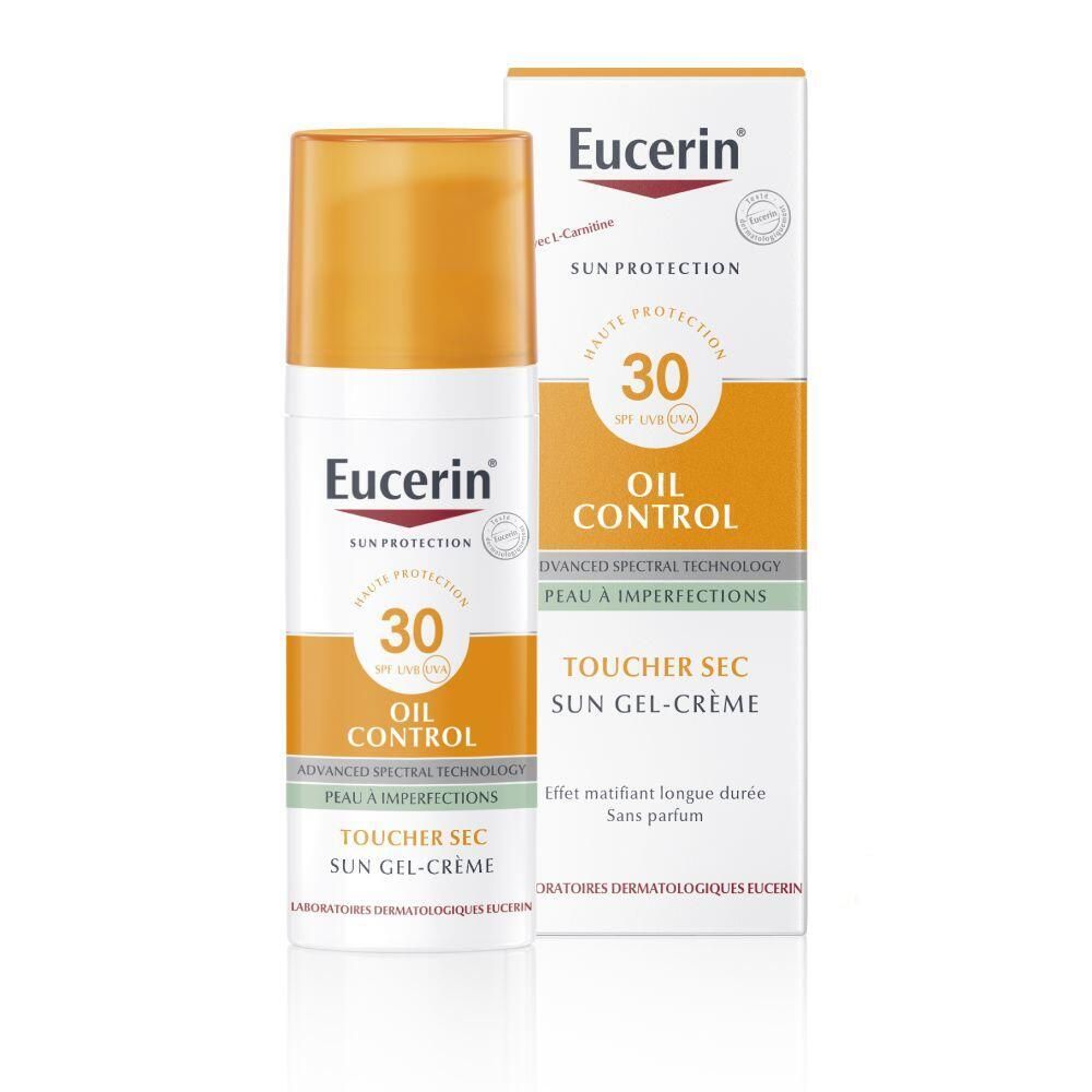 Eucerin Sun Protection Oil Control Face SPF 30. Flacon blanc, bouchon jaune, et emballage. Texte: Oil Control, SPF 30.
