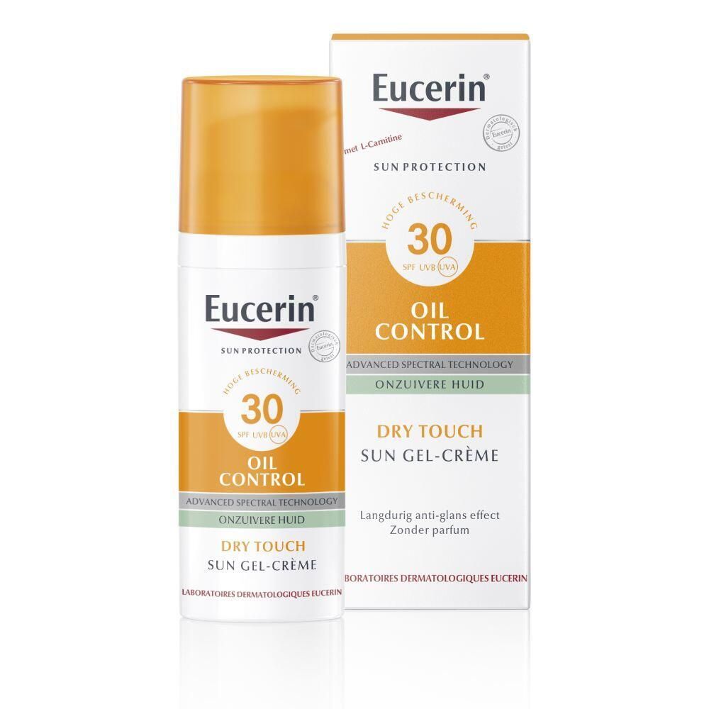 Eucerin Sun Protection Oil Control Face SPF 30. Witte fles met gele dop en verpakking. Tekst: Oil Control, SPF 30.