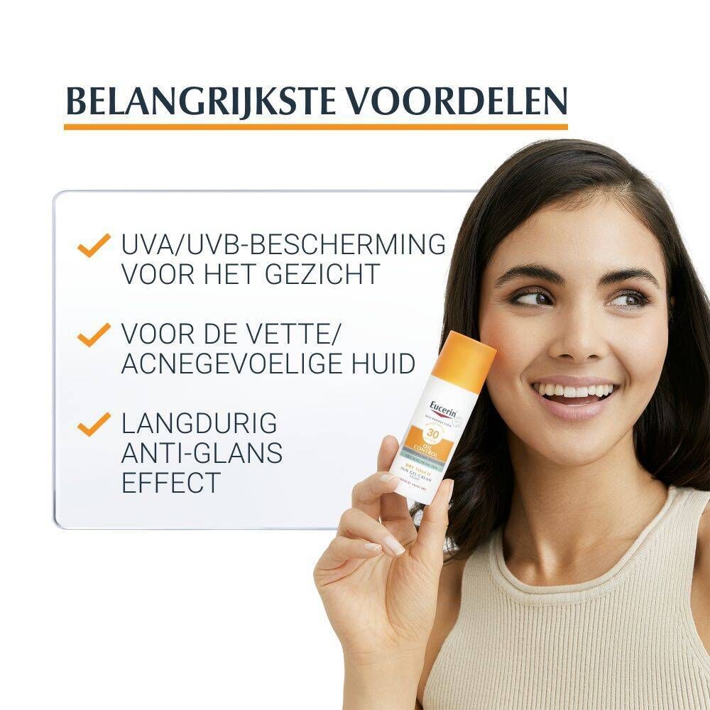 Vrouw houdt Eucerin Sun Protection vast. Tekst: UVA/UVB-bescherming, voor vette huid, anti-glans effect.
