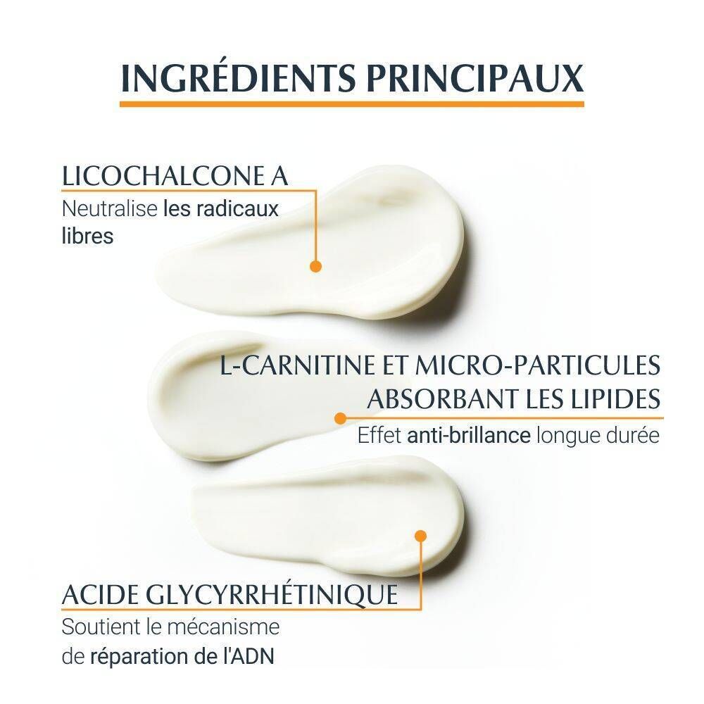 Trois traits de crème. Texte: Licochalcone A, L-Carnitine, Acide glycyrrhétinique.