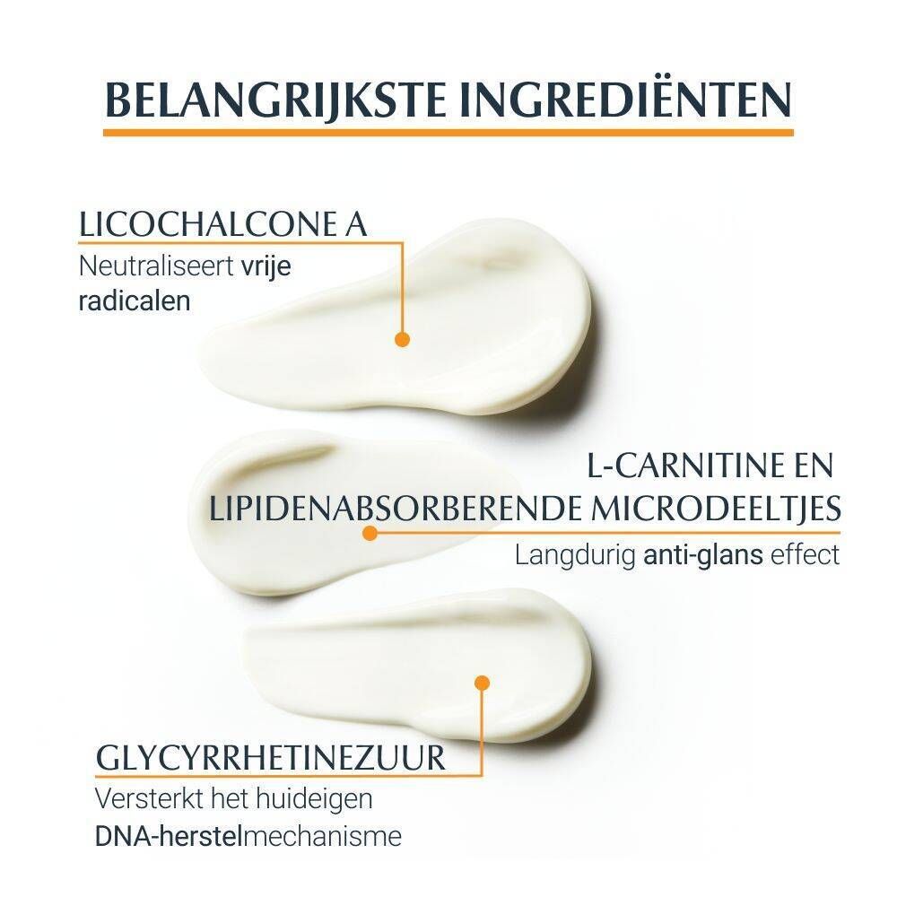 Drie crème strepen. Tekst: Licochalcone A, L-Carnitine, Glycyrrhetinezuur.