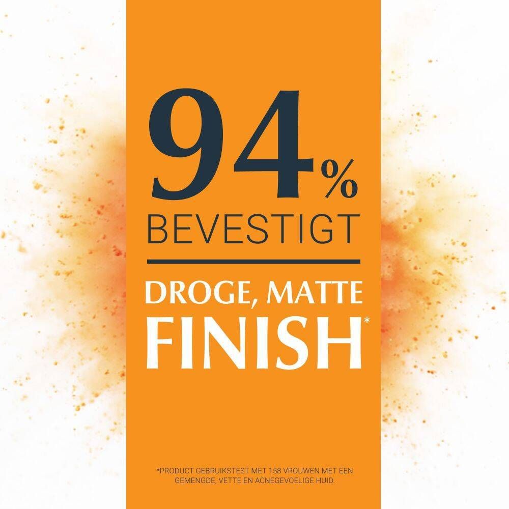 Oranje achtergrond. Tekst: 94% bevestigen, droge, matte finish.