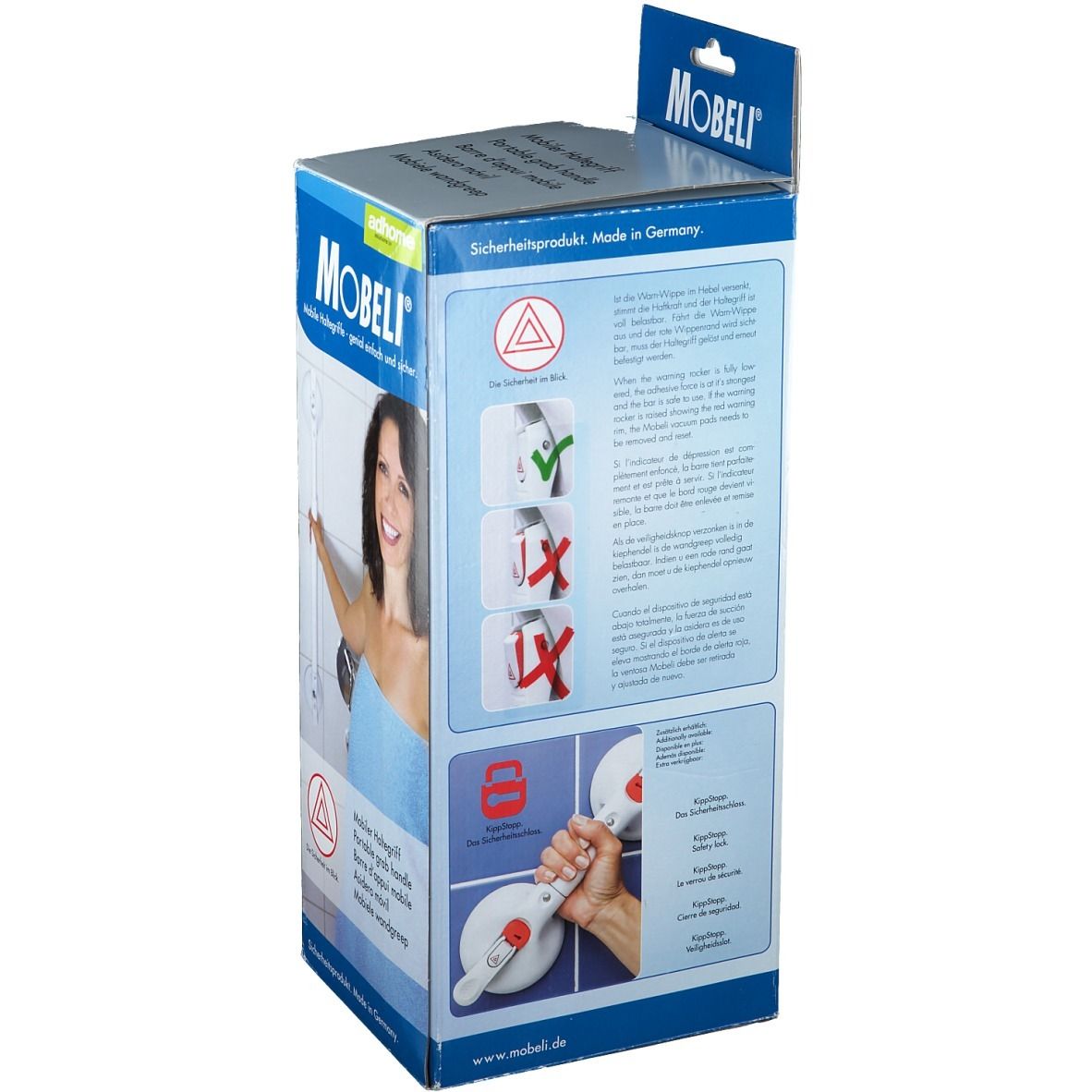 Rückseite der Mobeli-Verpackung. Produktabbildungen und Anweisungen. Sicherheitszeichen. Hergestellt in Deutschland.