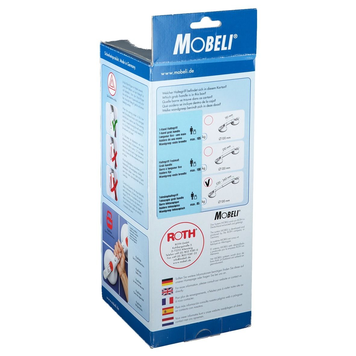 Seitenansicht der Mobeli-Verpackung. Produktabbildungen und Größenangaben. Informationen zur Anwendung.