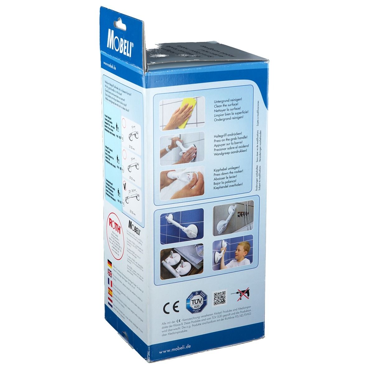 Mobeli-Verpackung. Produktabbildungen und Anwendungsbeispiele. CE- und TÜV-Zeichen. Website-Adresse.