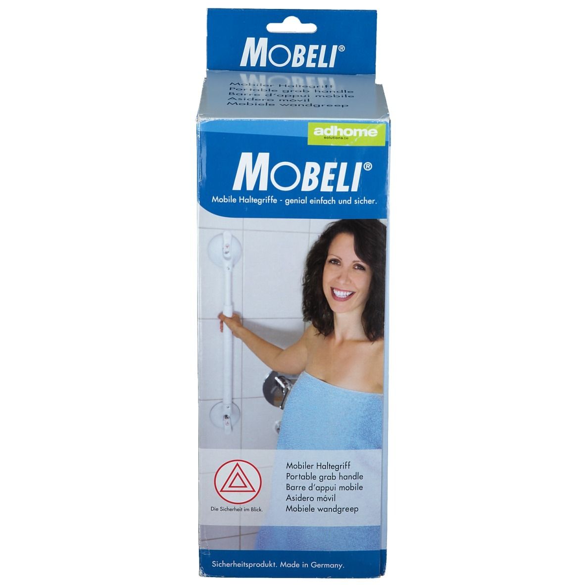Mobeli-Verpackung. Marke Mobeli. Produktabbildung und Frau im Badezimmer. Sicherheitszeichen. Made in Germany.