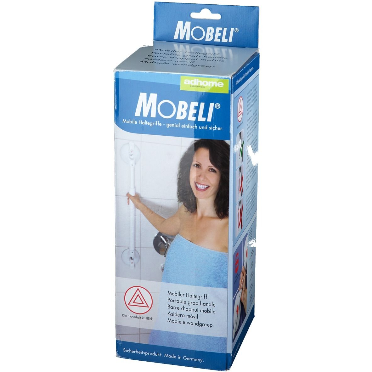 Mobeli-Verpackung. Marke Mobeli. Produktabbildung und Frau im Badezimmer. Sicherheitszeichen.
