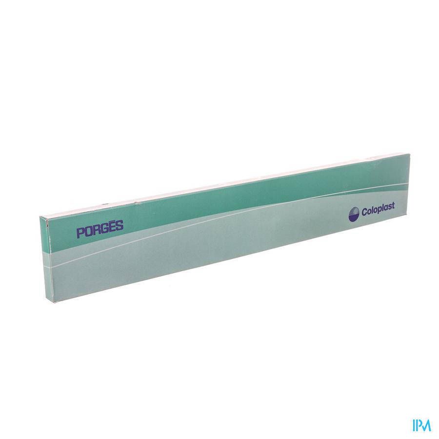 Emballage rectangulaire bicolore vert et gris. Inscription "PORGES" et logo "Coloplast".