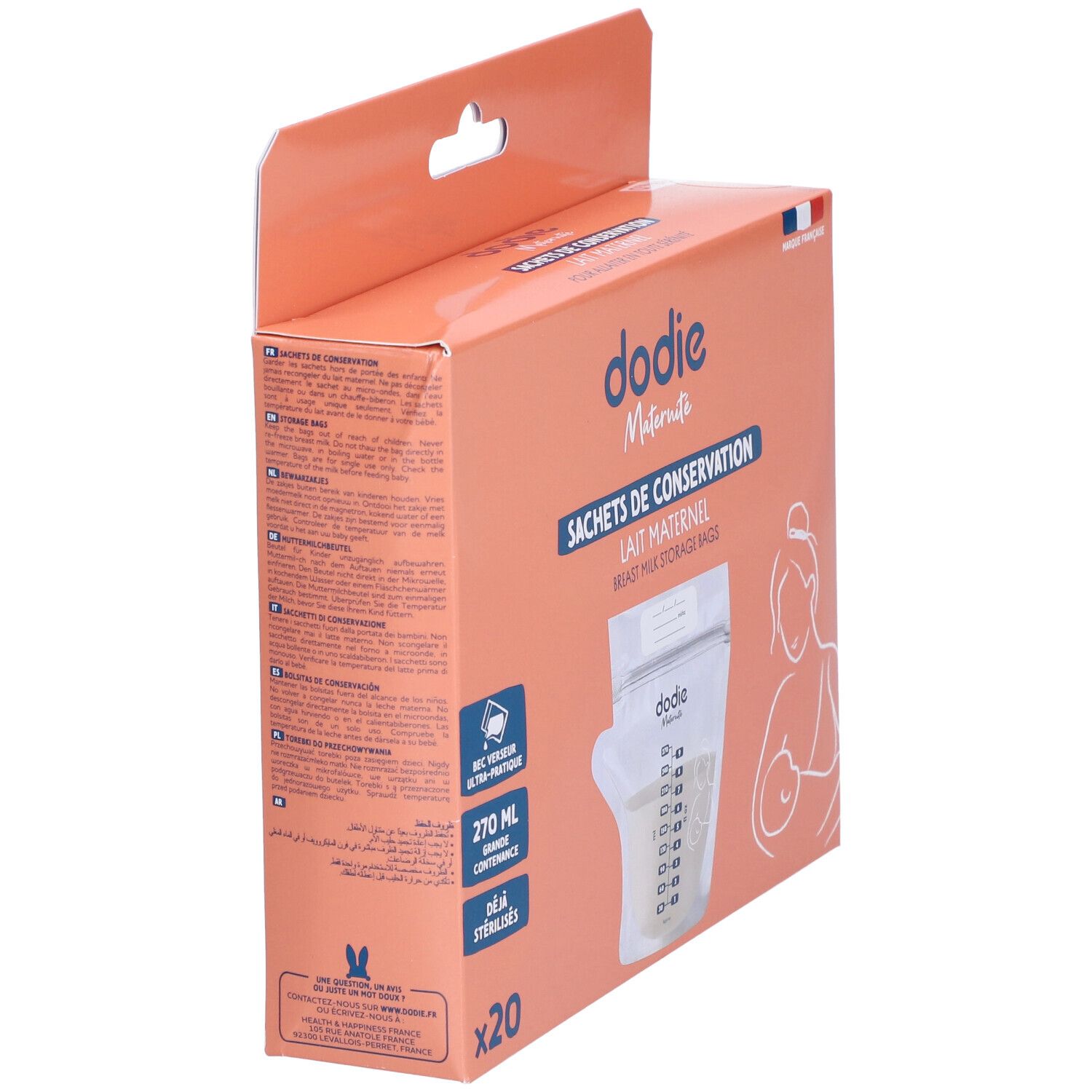 Verpackung mit Aufbewahrungsbeuteln für Muttermilch. Marke: dodie®. Aufdrucke: 270 ml, sterilisiert. Französische Flagge.