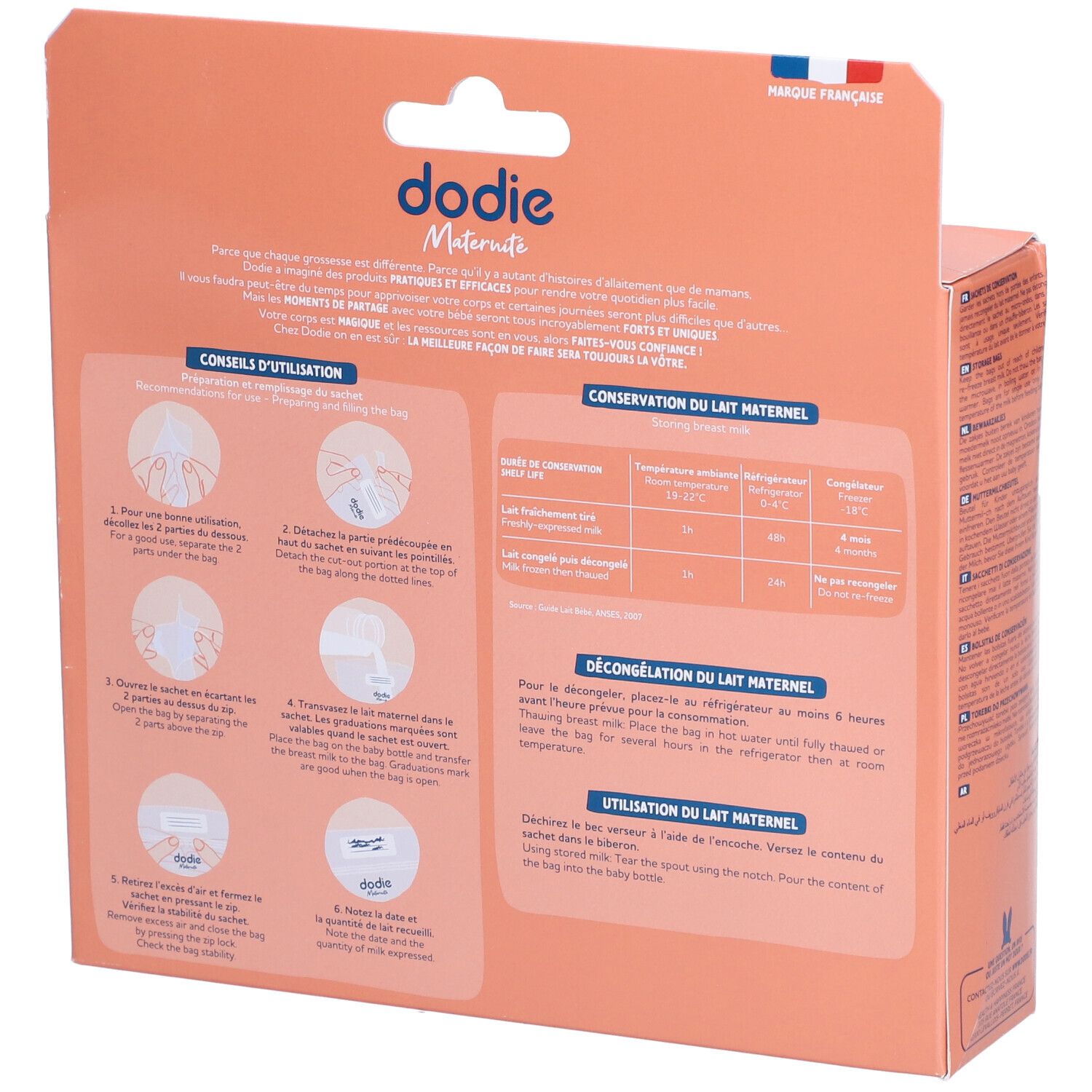 Rückseite der Verpackung mit Aufbewahrungsbeuteln für Muttermilch. Marke: dodie®. Informationen zur Anwendung und Aufbewahrung.
