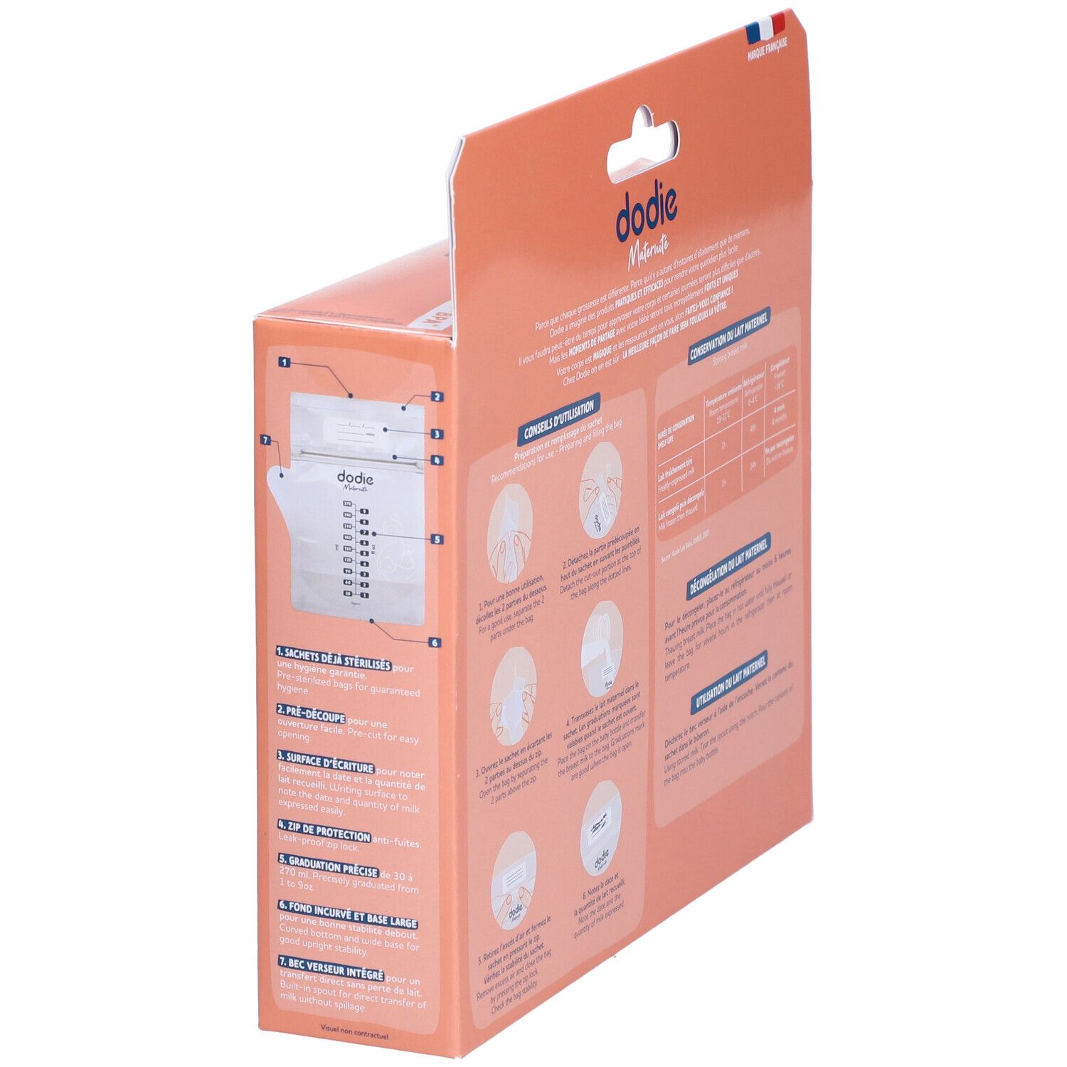 Rückseite der Verpackung mit Aufbewahrungsbeuteln für Muttermilch. Marke: dodie®. Informationen zur Anwendung und Aufbewahrung.