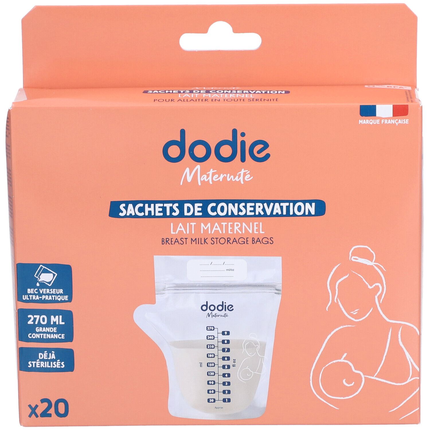Verpackung mit Aufbewahrungsbeuteln für Muttermilch. Marke: dodie®. Enthält 20 Beutel. Aufdrucke: 270 ml, sterilisiert.