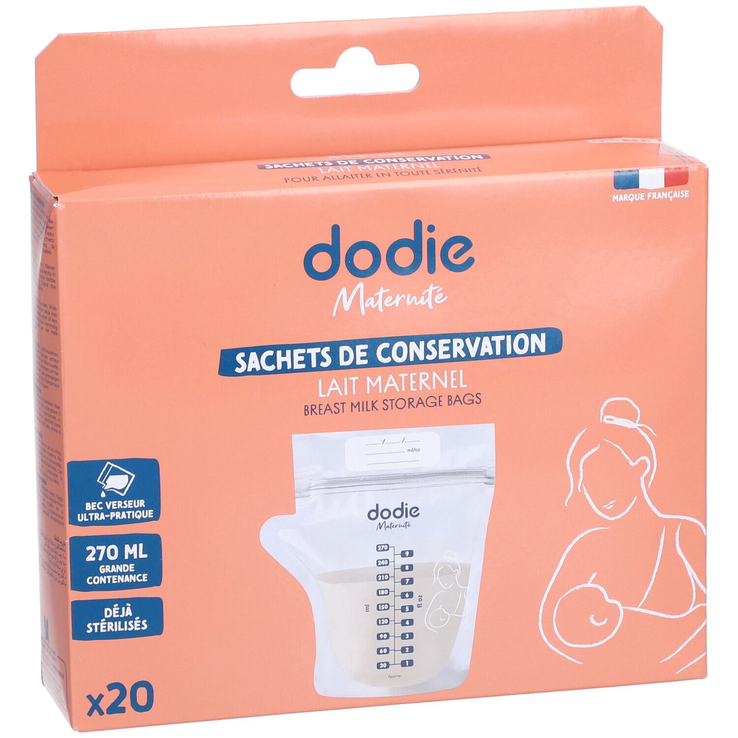 Verpackung mit Aufbewahrungsbeuteln für Muttermilch. Marke: dodie®. Aufdrucke: 270 ml, sterilisiert. Französische Flagge.