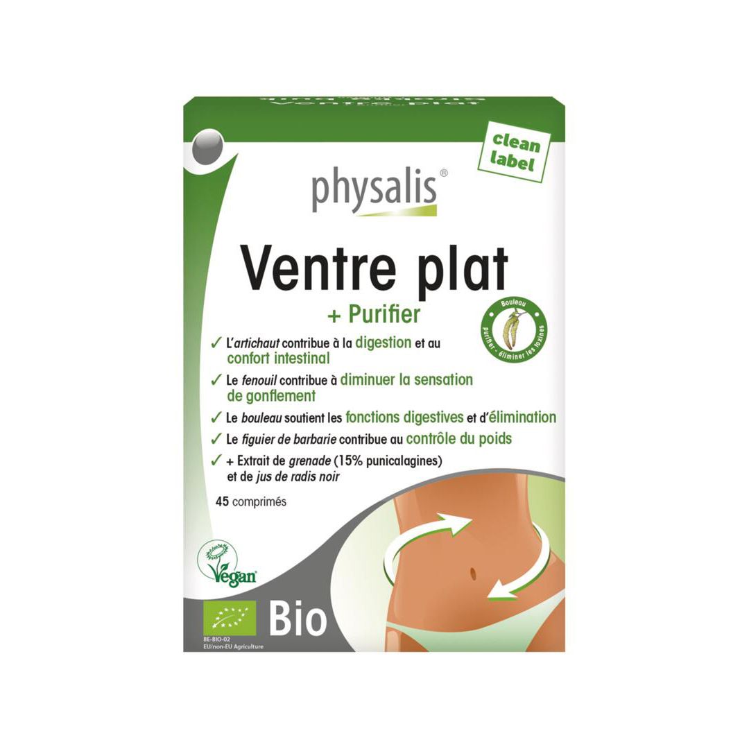 Boîte Physalis Ventre Plat. Emballage vert et blanc avec nom et illustration. 45 comprimés, label Bio.