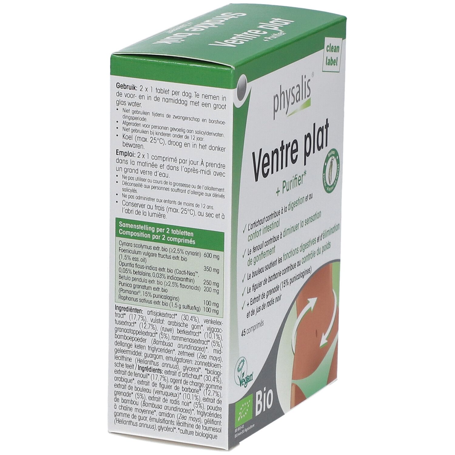 Dos de la boîte Physalis Ventre Plat. Informations sur les ingrédients et l'utilisation. Label Bio.