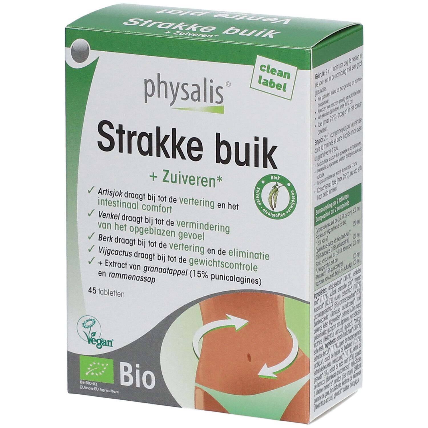 Boîte Physalis Strakke buik. Emballage vert et blanc avec nom et illustration. 45 comprimés, label Bio.