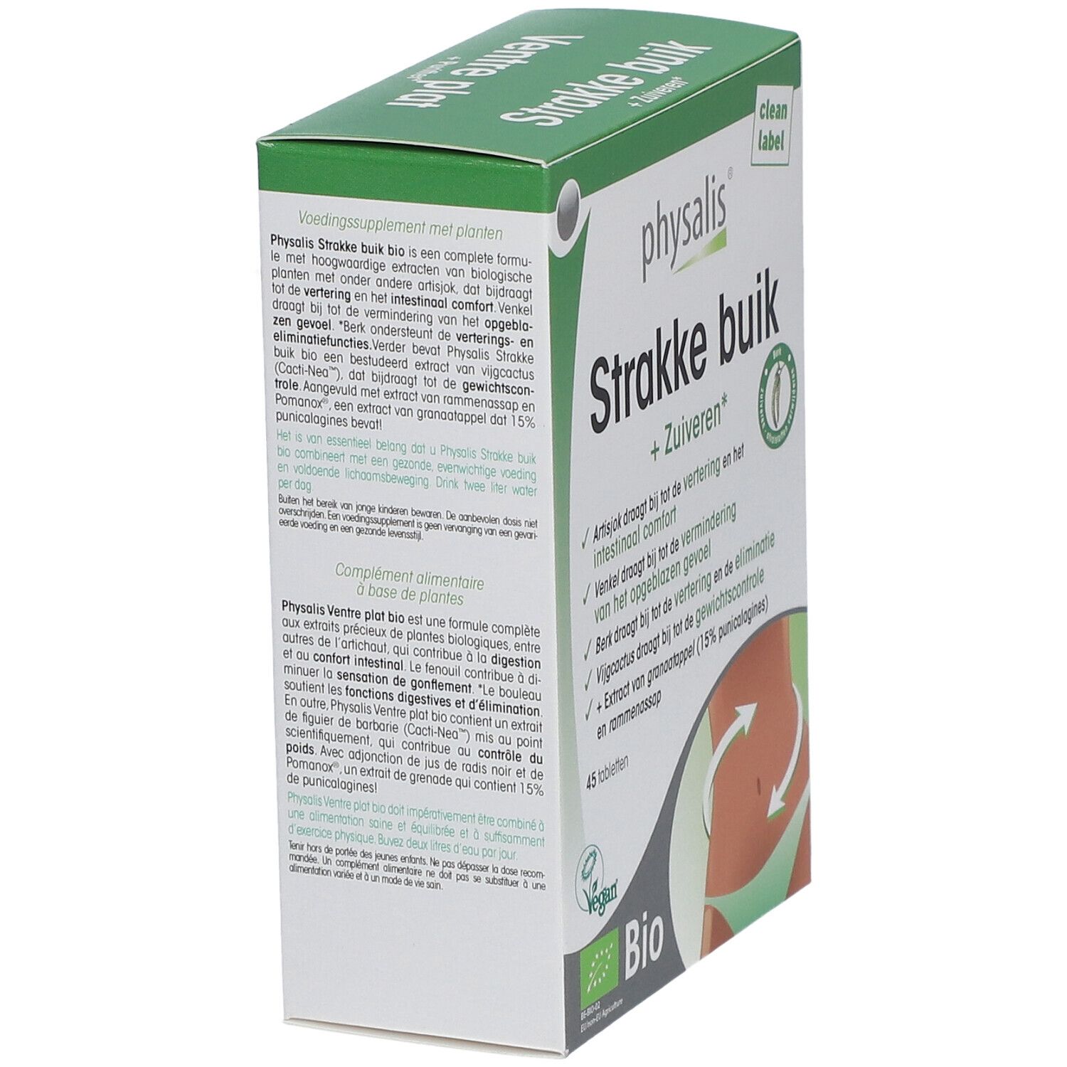 Dos de la boîte Physalis Strakke buik. Informations sur les ingrédients et l'utilisation. Label Bio.