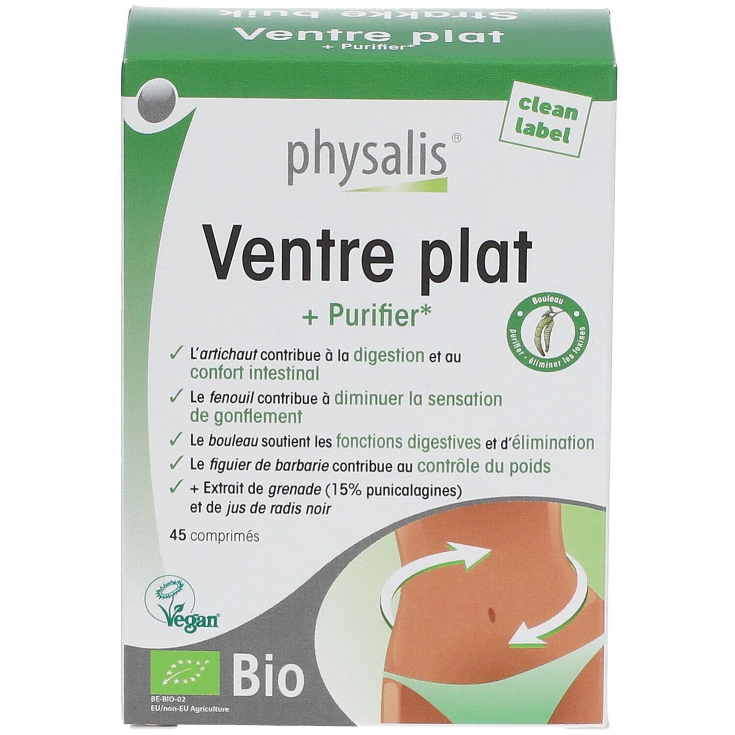 Boîte Physalis Ventre Plat. Emballage vert et blanc avec nom et illustration. 45 comprimés, label Bio.