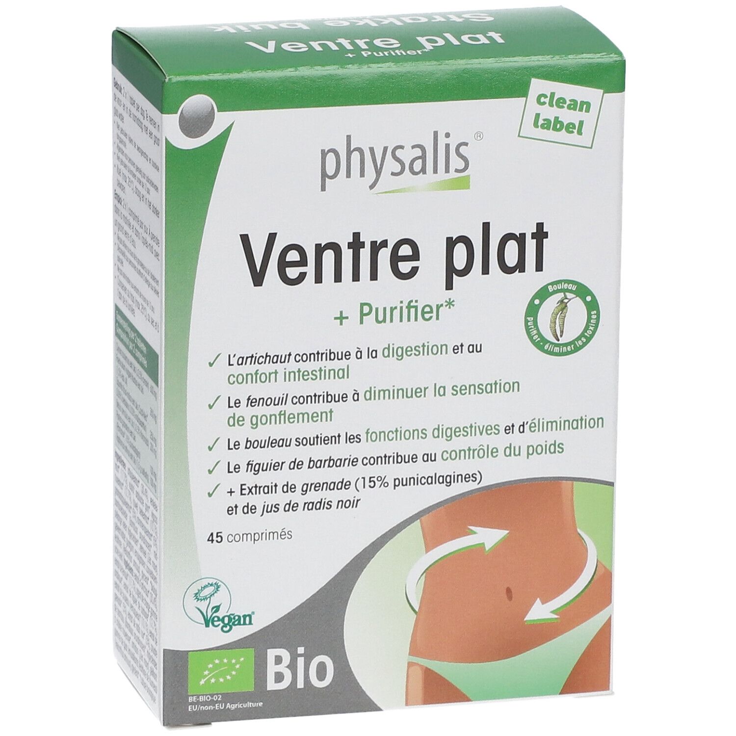 Boîte Physalis Ventre Plat. Emballage vert et blanc avec nom et illustration. 45 comprimés, label Bio.