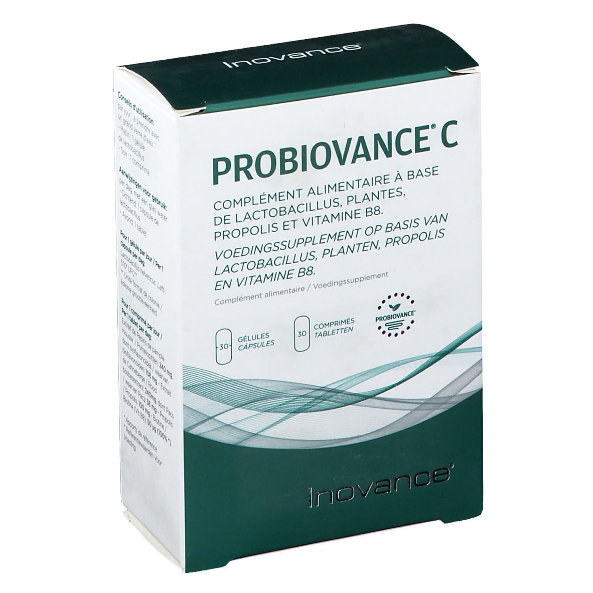 Boîte Inovance Probiovance C. Contient 30 gélules et 30 comprimés. Logo et nom du produit visibles.