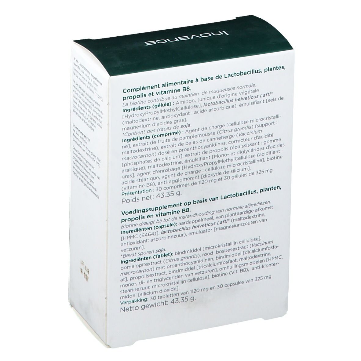 Dos de l'emballage Inovance Probiovance C. Ingrédients et informations nutritionnelles multilingues.