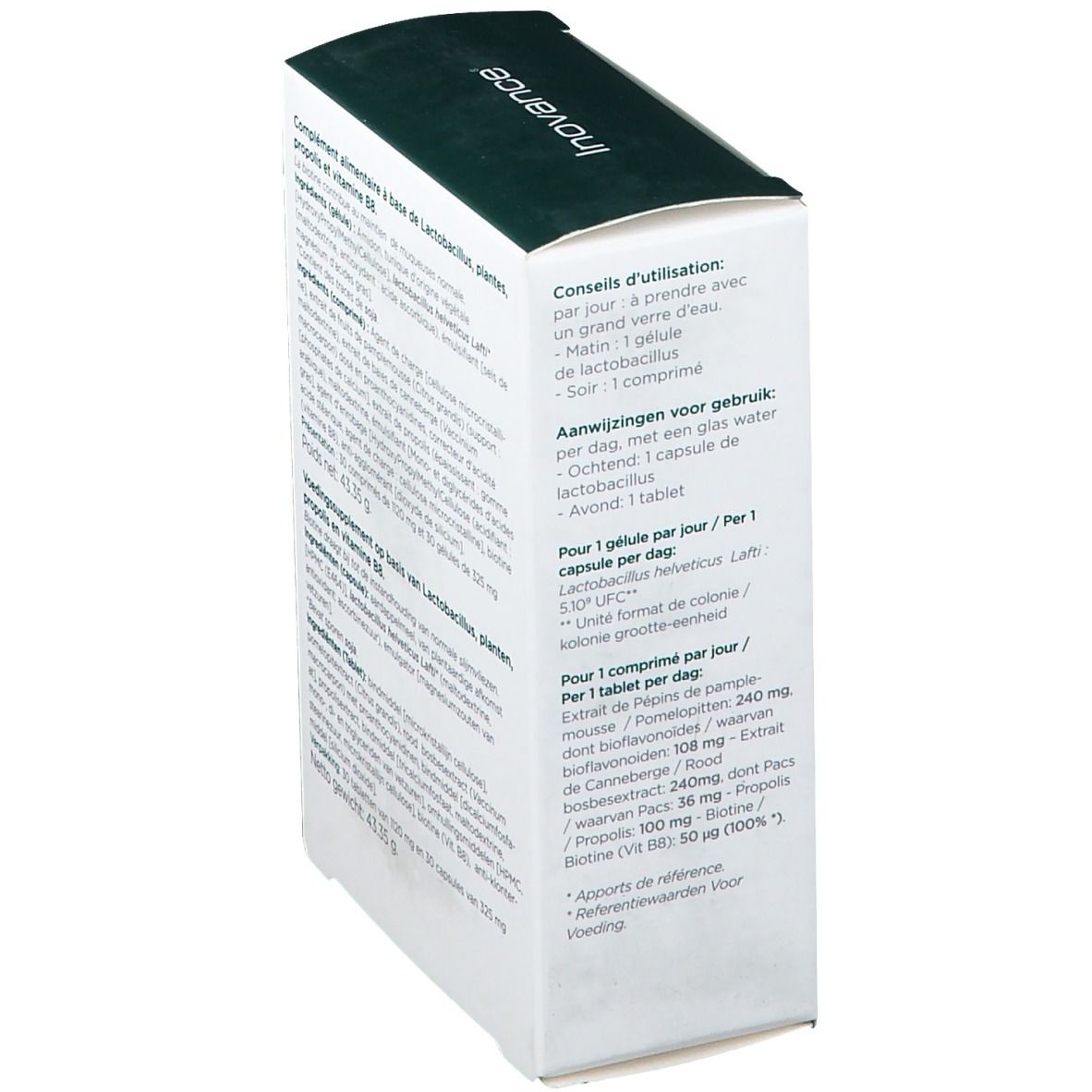 Côté de l'emballage Inovance Probiovance C avec instructions d'utilisation multilingues.