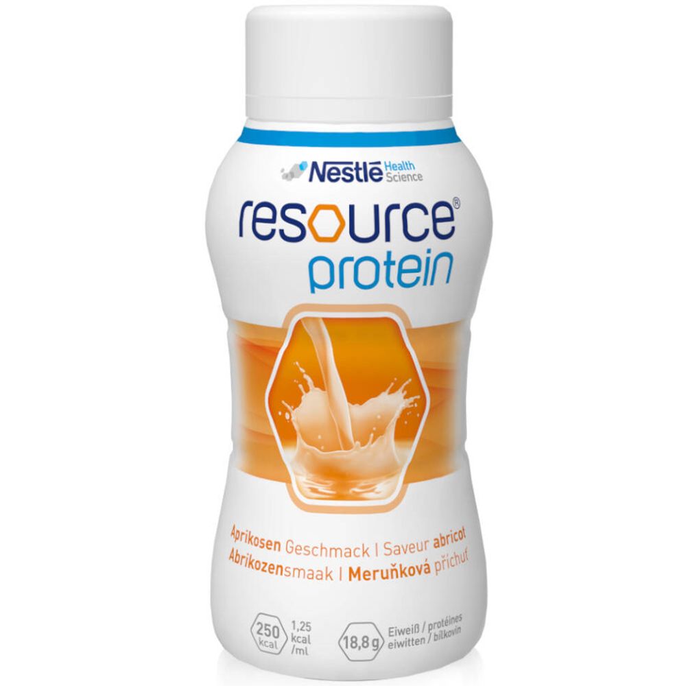 Witte fles met witte dop. Opschrift: Resource Protein. Illustratie van abrikozen. Tekst: Abrikozensmaak.