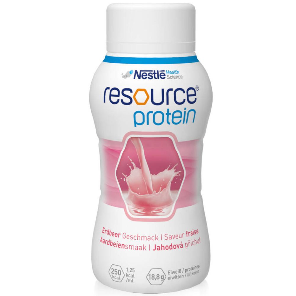Fles met aardbei-eiwit. Wit flesontwerp met roze vloeistof. Merk en productnaam duidelijk zichtbaar.