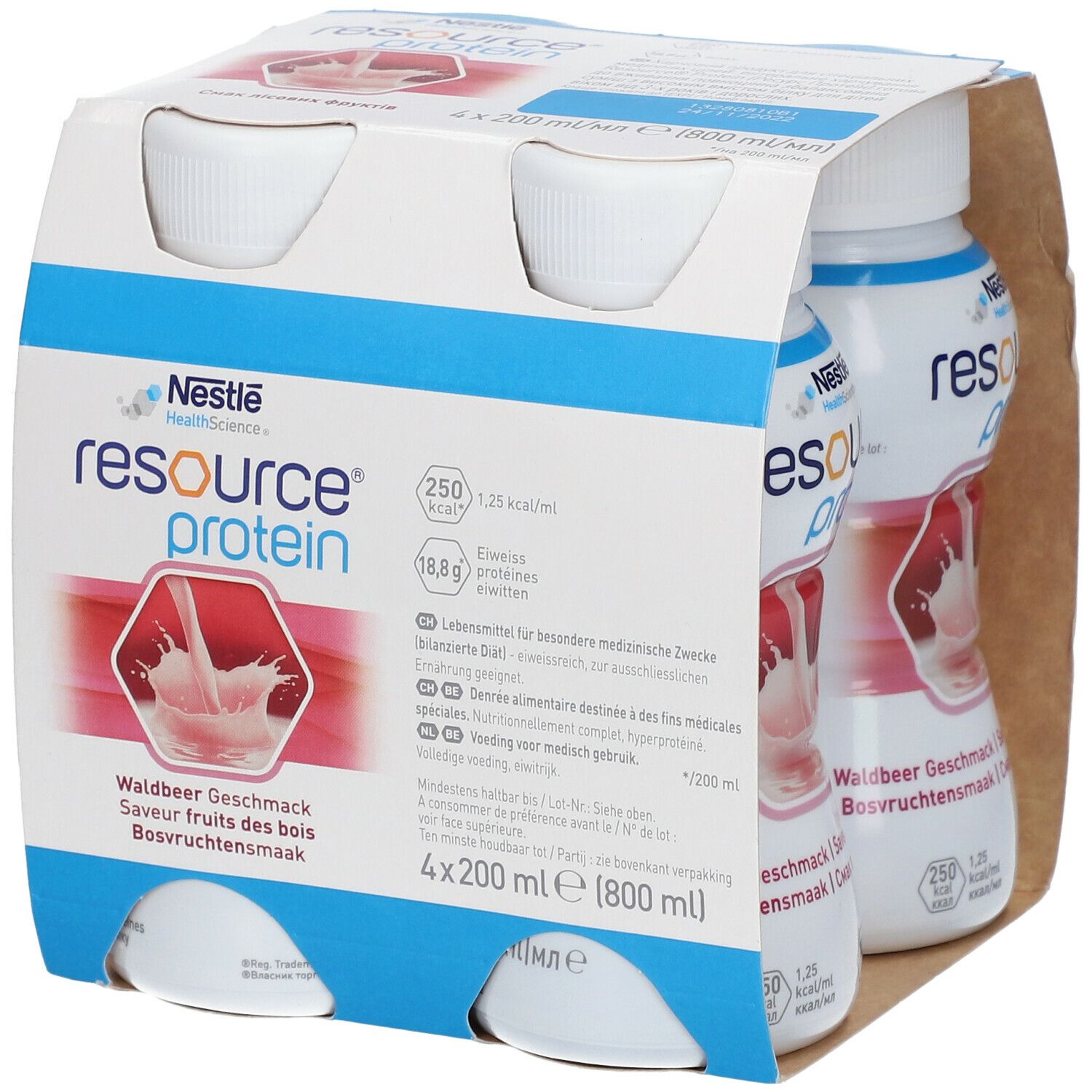 Emballage de quatre bouteilles Resource Protein. Goût fruits des bois. Nestle Health Science. 4 x 200 ml.