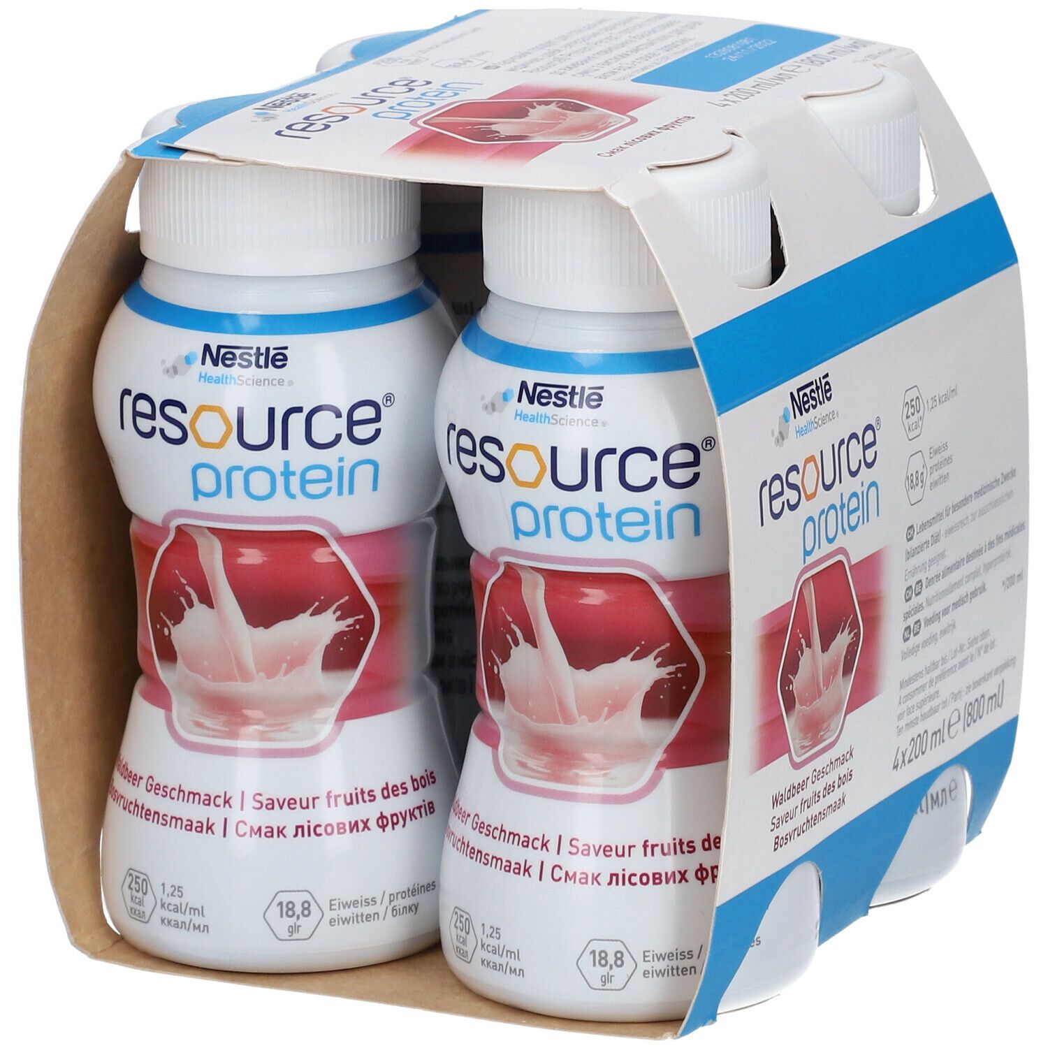 Emballage de quatre bouteilles Resource Protein. Goût fruits des bois. Nestle Health Science. 4 x 200 ml.