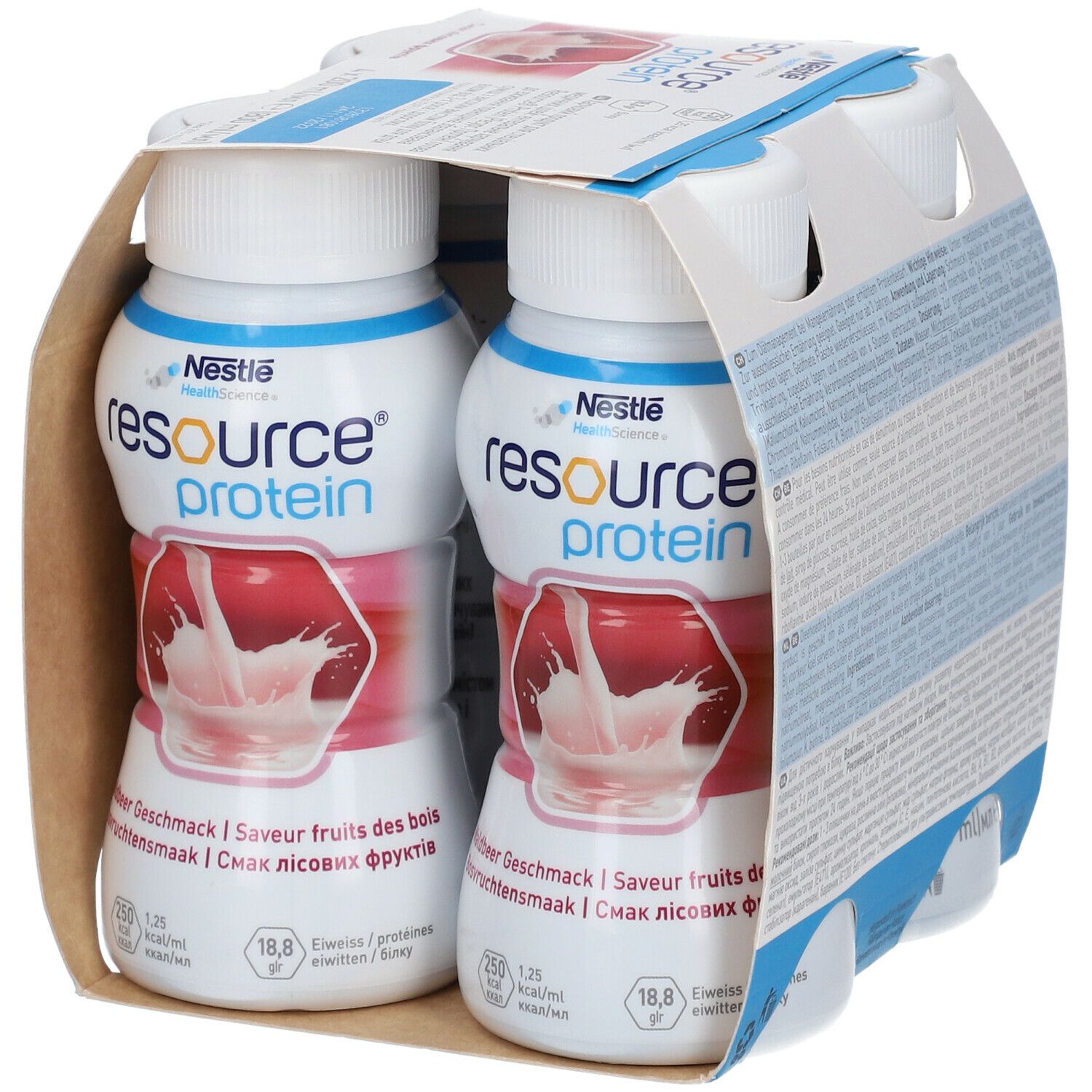 Emballage de quatre bouteilles Resource Protein. Goût fruits des bois. Nestle Health Science. 4 x 200 ml.