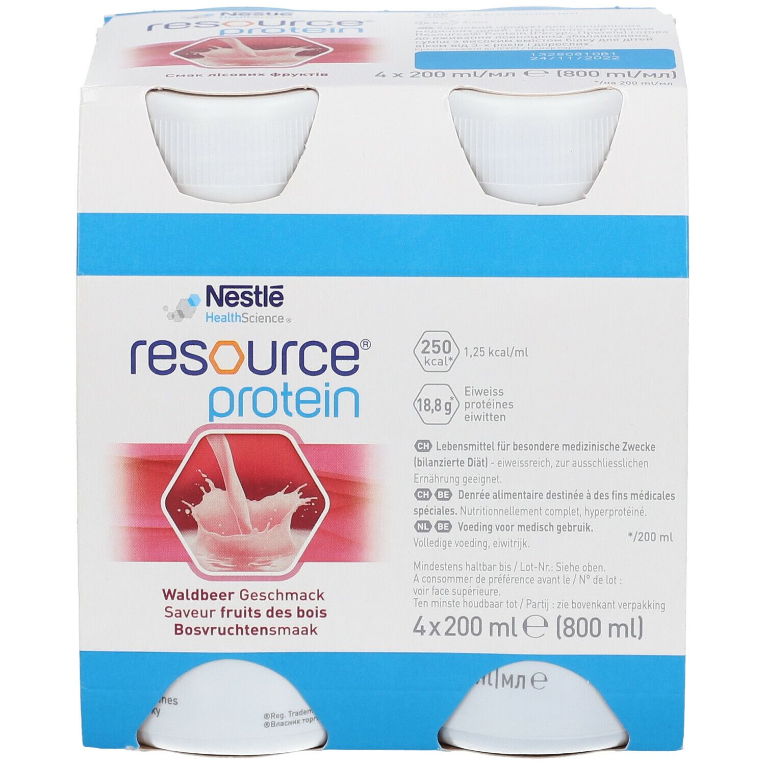 Emballage de quatre bouteilles Resource Protein. Goût fruits des bois. Nestle Health Science. 4 x 200 ml.