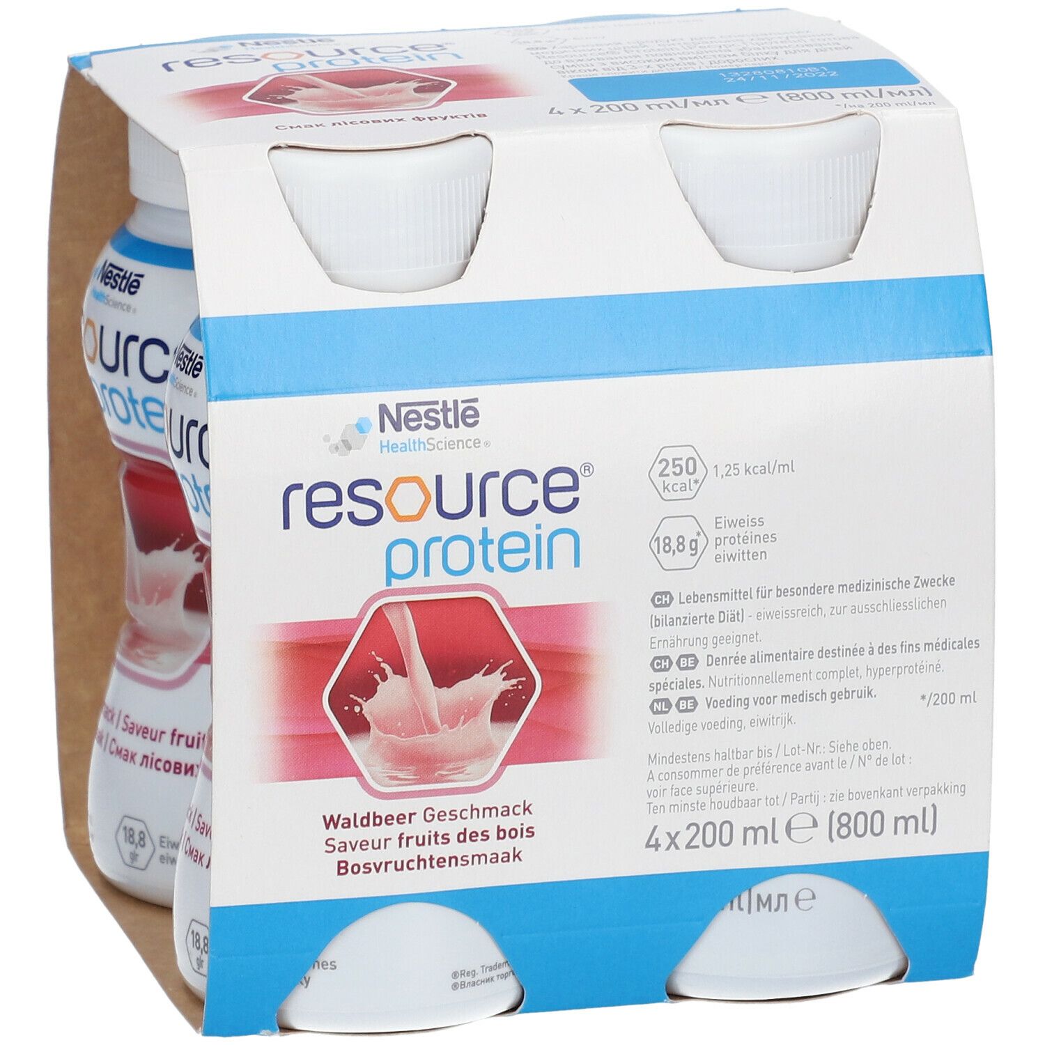 Emballage de quatre bouteilles Resource Protein. Goût fruits des bois. Nestle Health Science. 4 x 200 ml.