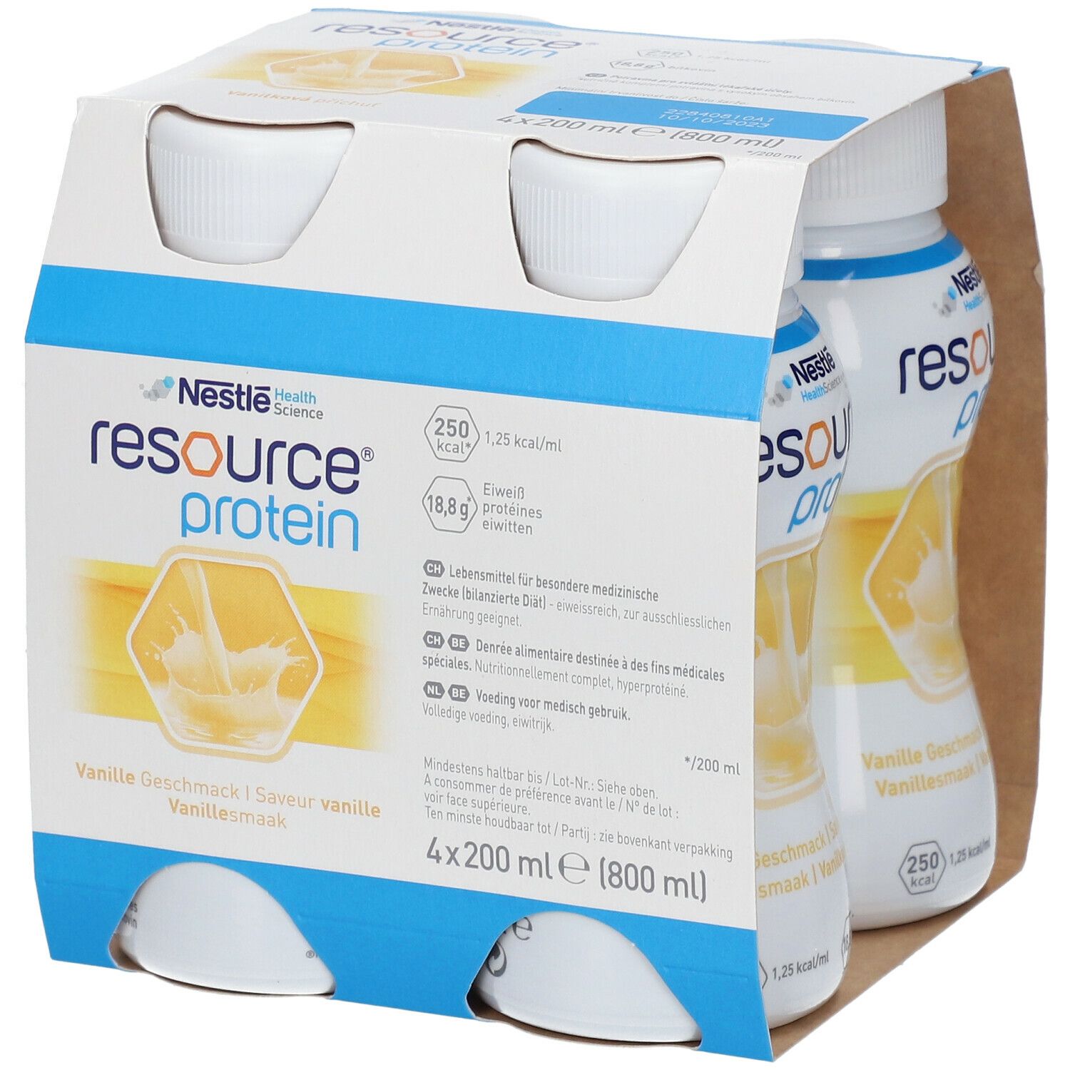 Emballage de quatre bouteilles Resource Protein Vanille. Chaque bouteille contient 200 ml. Inscriptions : Nestle Health Science, 250 kcal, 18,8 g de protéines.