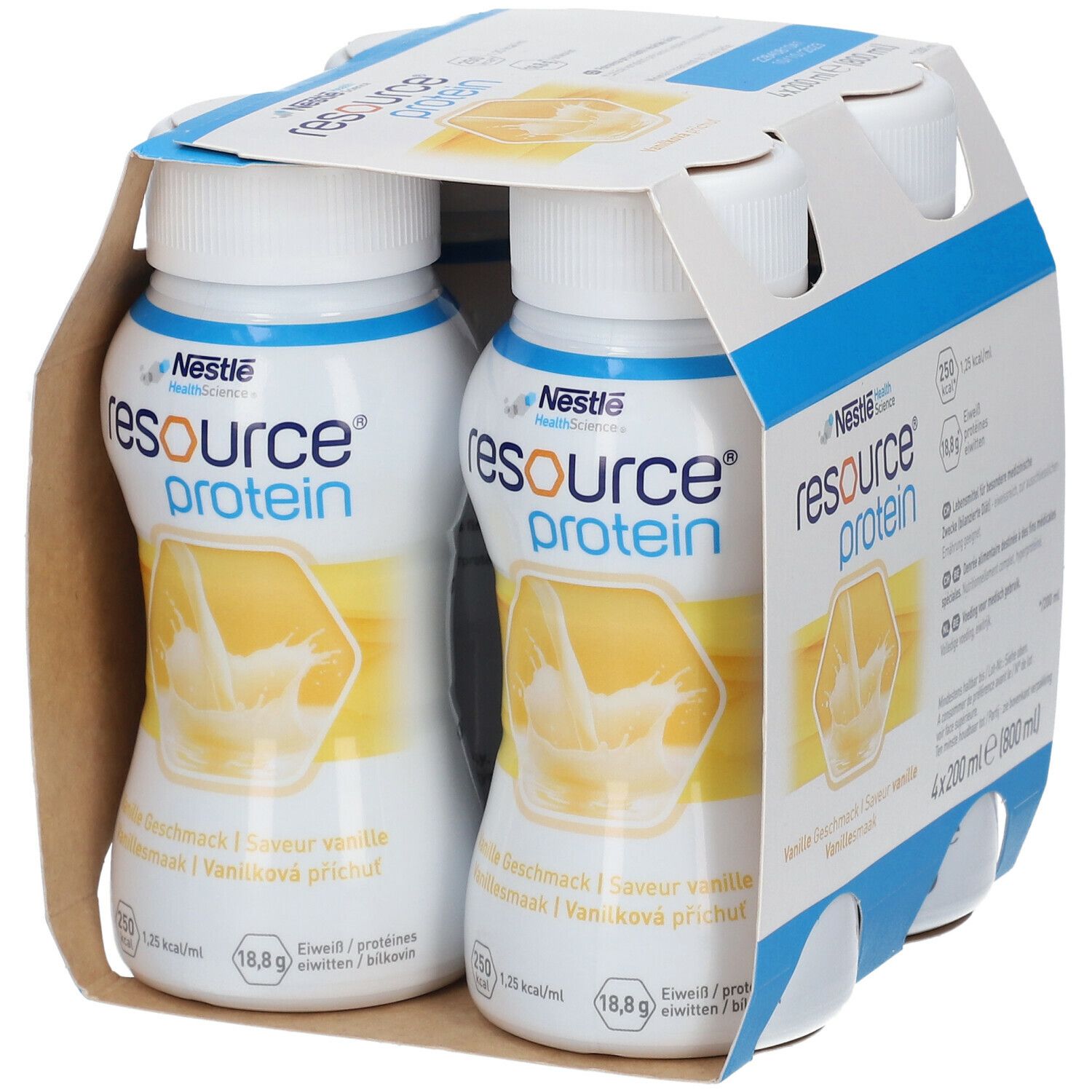 Emballage de quatre bouteilles Resource Protein Vanille. Deux bouteilles visibles. Inscriptions : Nestle Health Science, 250 kcal, 18,8 g protéines, 4x200 ml.