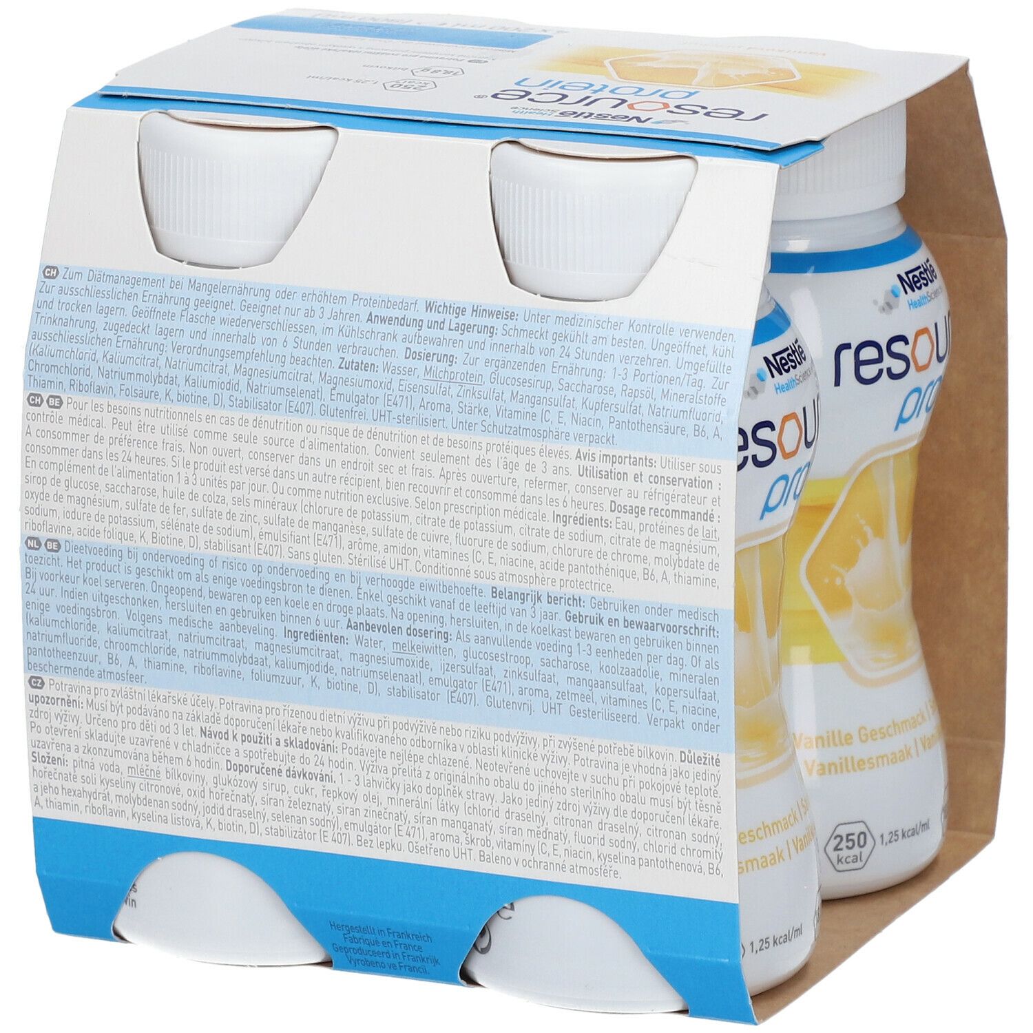 Emballage de quatre bouteilles Resource Protein Vanille. Dos de l'emballage visible. Inscriptions : ingrédients, informations nutritionnelles, conseils, 4x200 ml.