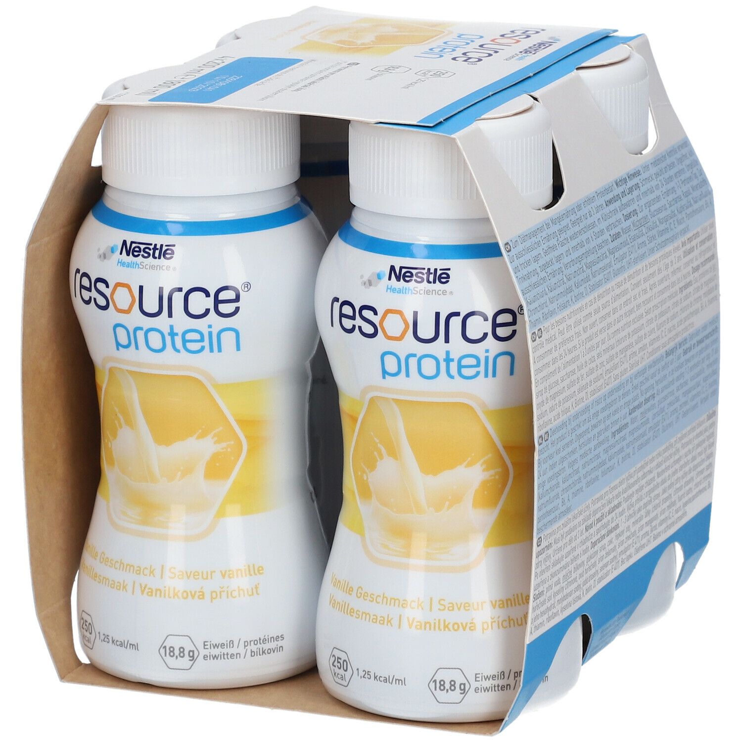 Emballage de quatre bouteilles Resource Protein Vanille. Deux bouteilles visibles. Inscriptions : Nestle Health Science, 250 kcal, 18,8 g protéines, 4x200 ml.