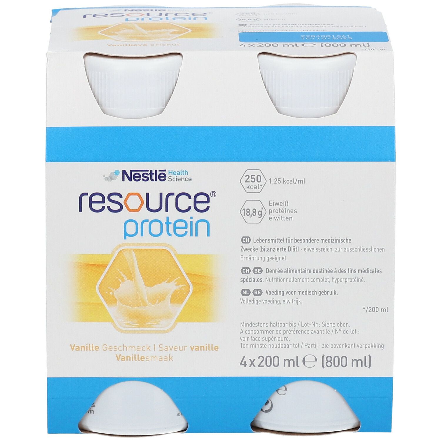 Emballage de quatre bouteilles Resource Protein Vanille. Inscriptions : Nestle Health Science, 250 kcal, 18,8 g protéines, 4x200 ml.