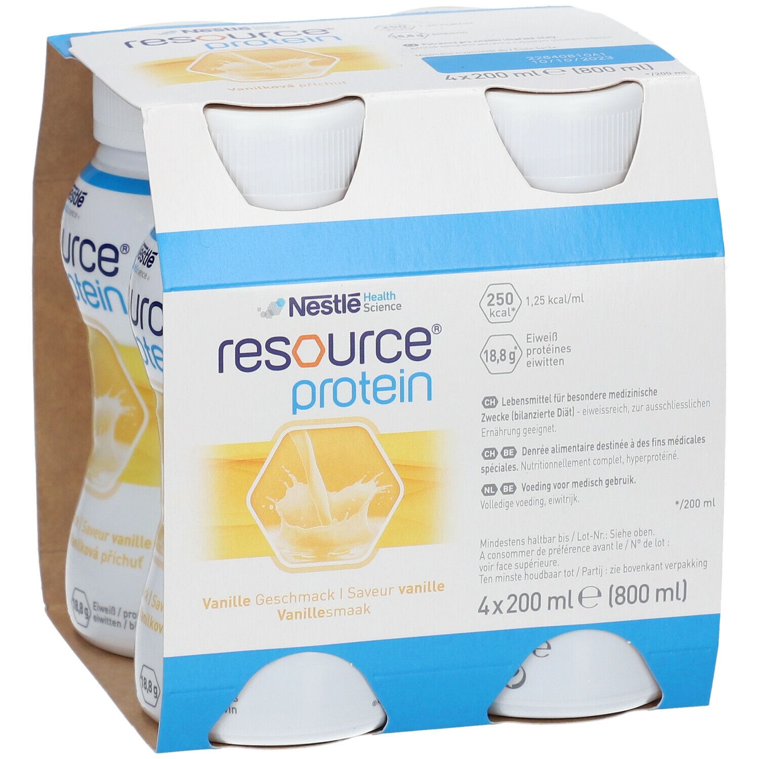 Emballage de quatre bouteilles Resource Protein Vanille. Inscriptions : Nestle Health Science, 250 kcal, 18,8 g protéines, 4x200 ml.