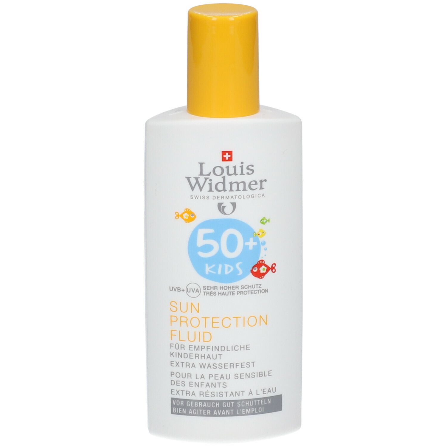 Zonnebrandcrème voor kinderen. Wit flesje met gele dop. Opschrift: 50+ KIDS, Sun Protection Fluid.