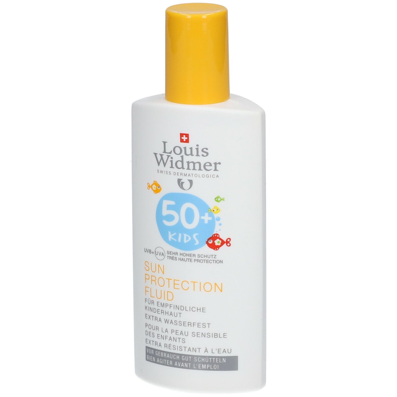 Zonnebrandcrème voor kinderen. Wit flesje met gele dop. Opschrift: 50+ KIDS, Sun Protection Fluid.