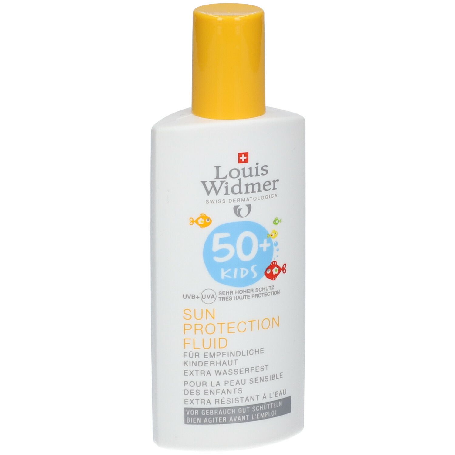 Zonnebrandcrème voor kinderen. Wit flesje met gele dop. Opschrift: 50+ KIDS, Sun Protection Fluid.