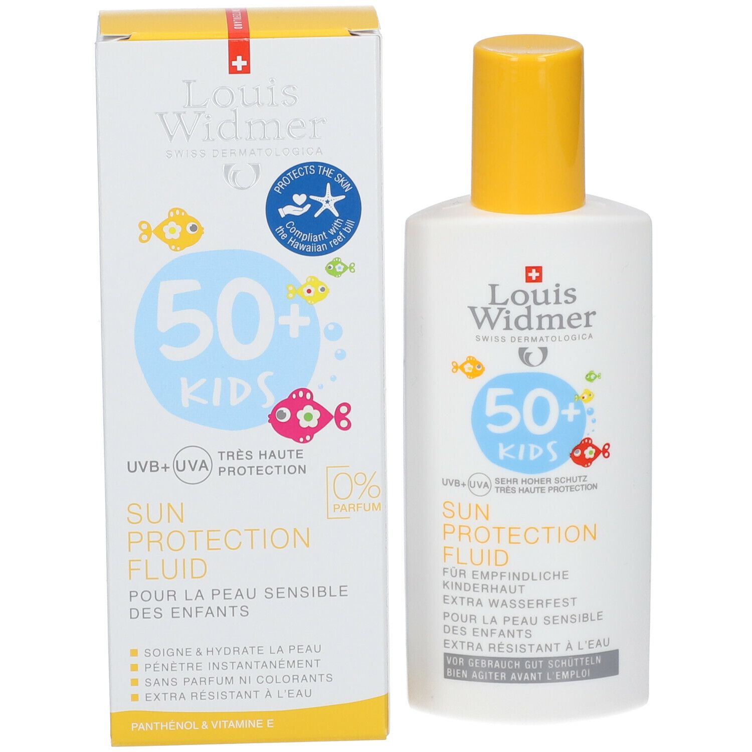 Zonnebrandcrème en verpakking. Wit flesje met gele dop. Opschrift: 50+ KIDS, Sun Protection Fluid.