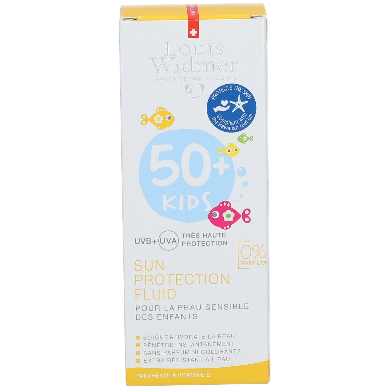 Verpakking van zonnebrandcrème. Opschrift: 50+ KIDS, Sun Protection Fluid. Gele dop.