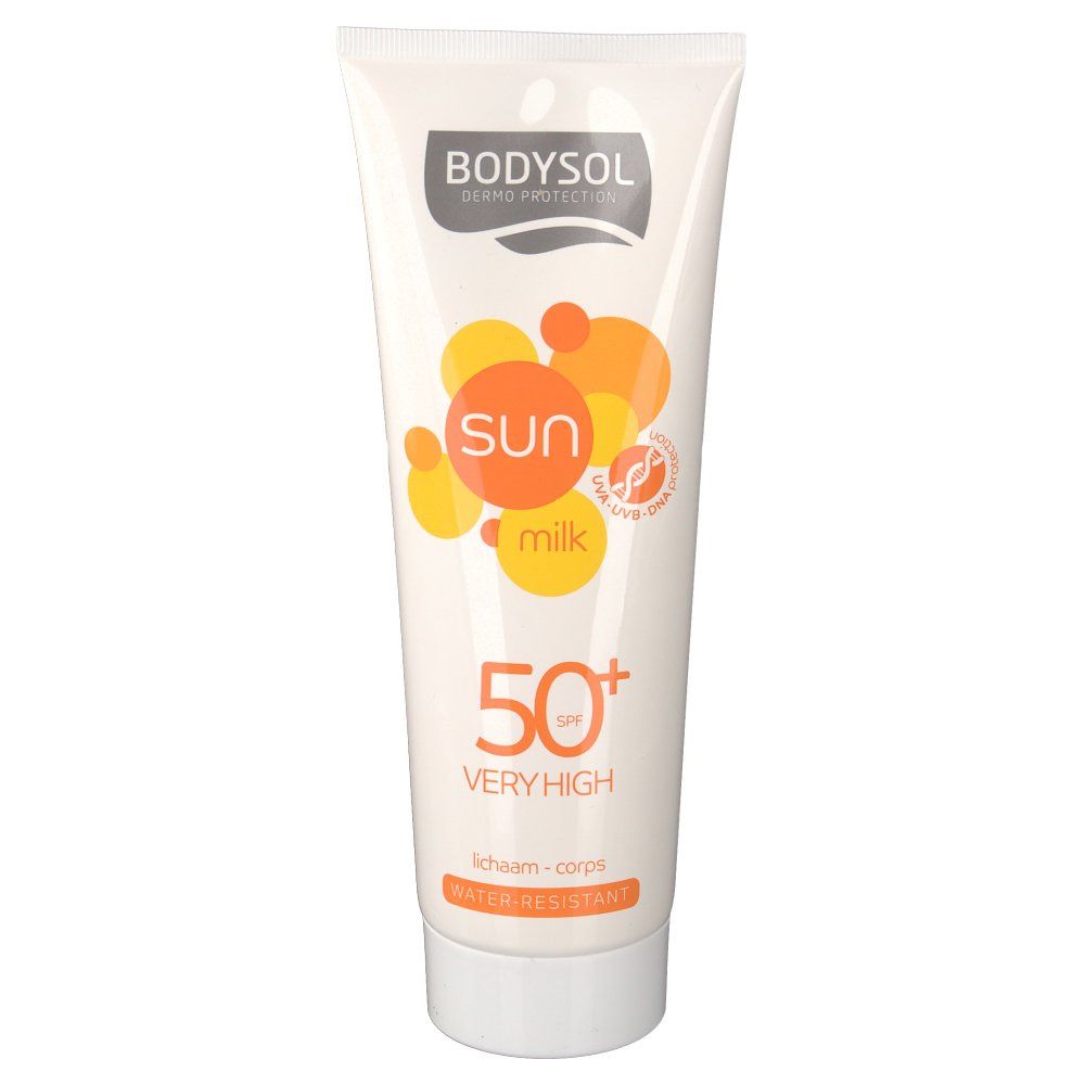 Tube blanche Bodysol Sunmilk SPF50+. Graphique orange. Texte: Sun Milk, 50+ Very High, résistant à l'eau.