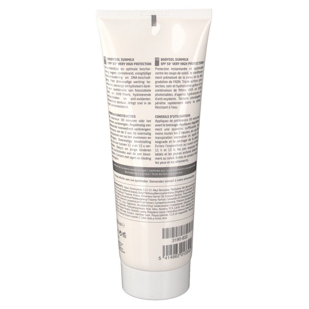 Dos du tube Bodysol Sunmilk. Blanc, avec texte. Code-barres et texte: 250ml.