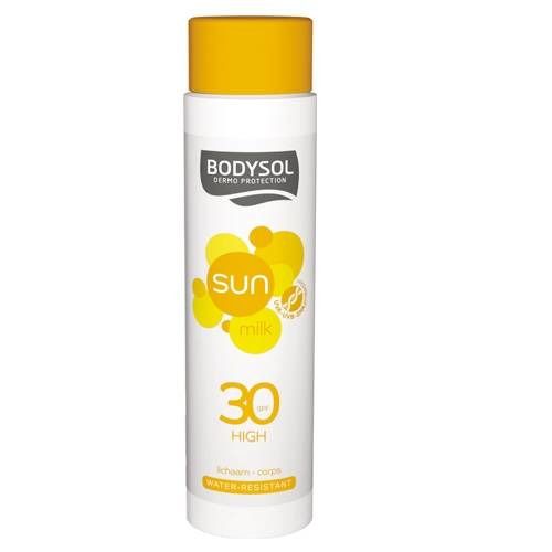 Flacon blanc avec bouchon jaune. Inscription: Bodysol, Sun Milk SPF30. Illustrations solaires jaunes.