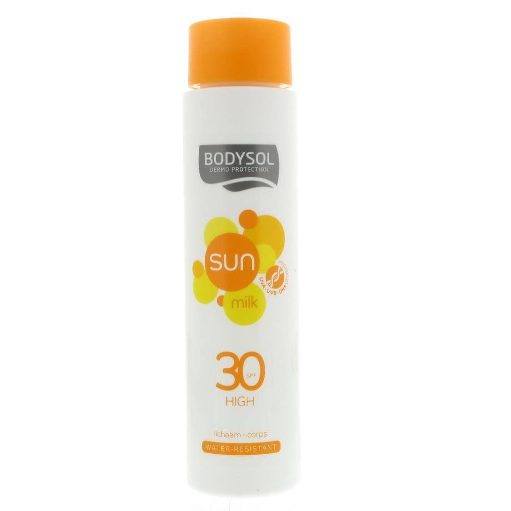 Flacon blanc avec bouchon orange. Inscription: Bodysol, Sun Milk SPF30. Illustrations solaires jaunes.
