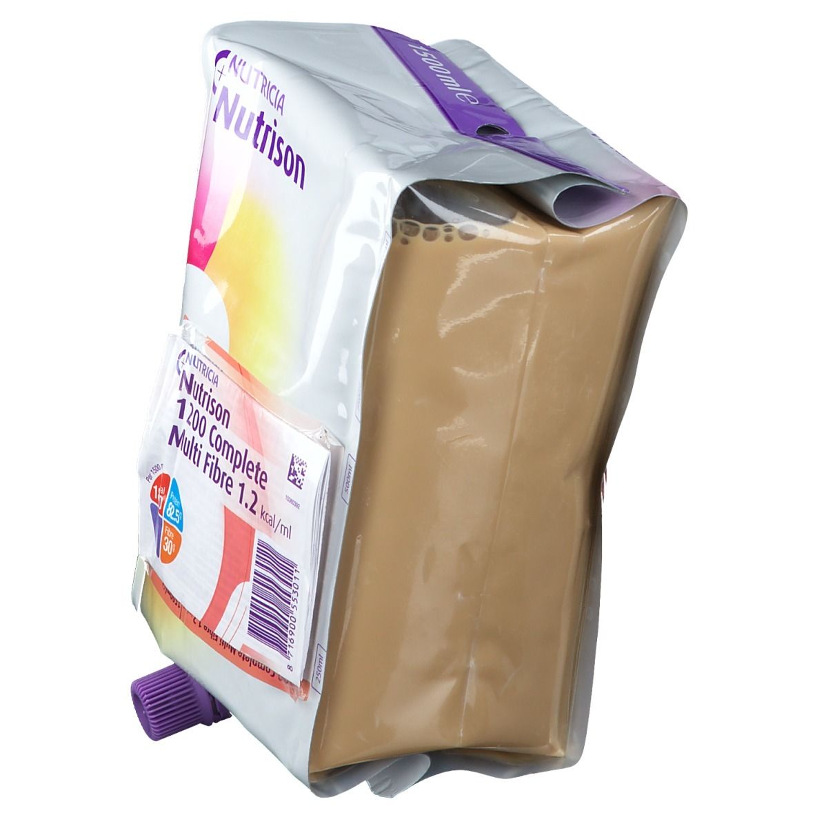 Emballage Nutrison 1200 Complete Multi Fibre en biais. Sachet avec produit. Fermeture violette. Inscriptions : Nutrison, informations nutritionnelles.