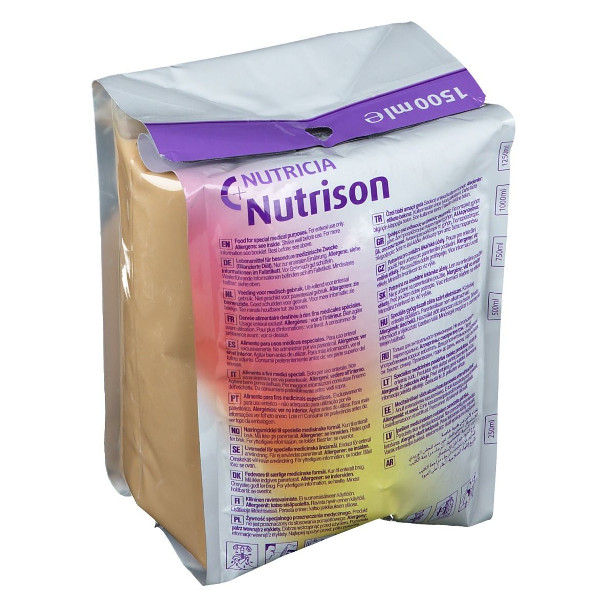 Emballage Nutrison 1200 Complete Multi Fibre. Dos avec texte. Fermeture violette. Inscriptions : Nutrison, texte en plusieurs langues.